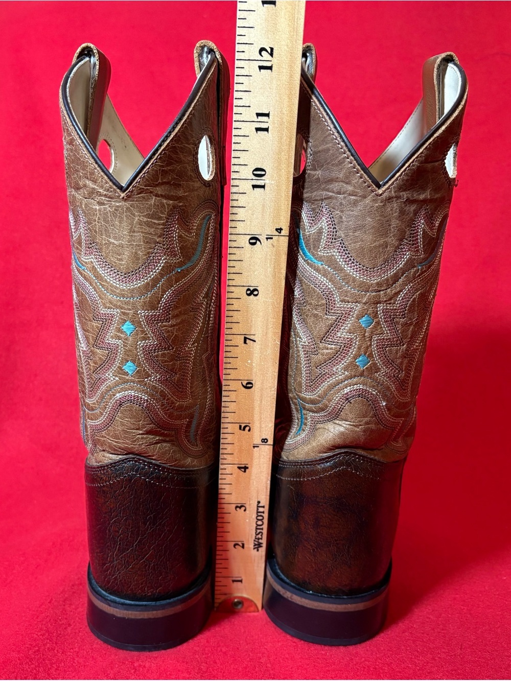 Old West Youth 6D Brown Leather Square Toe Cowboy Boots Blue Stitching - Picture 12 of 13